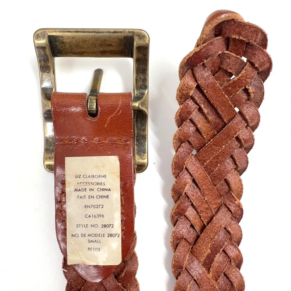 Liz Claiborne Womens S / P Leather Belt Braided Woven Cognac Brown Vintage 90's